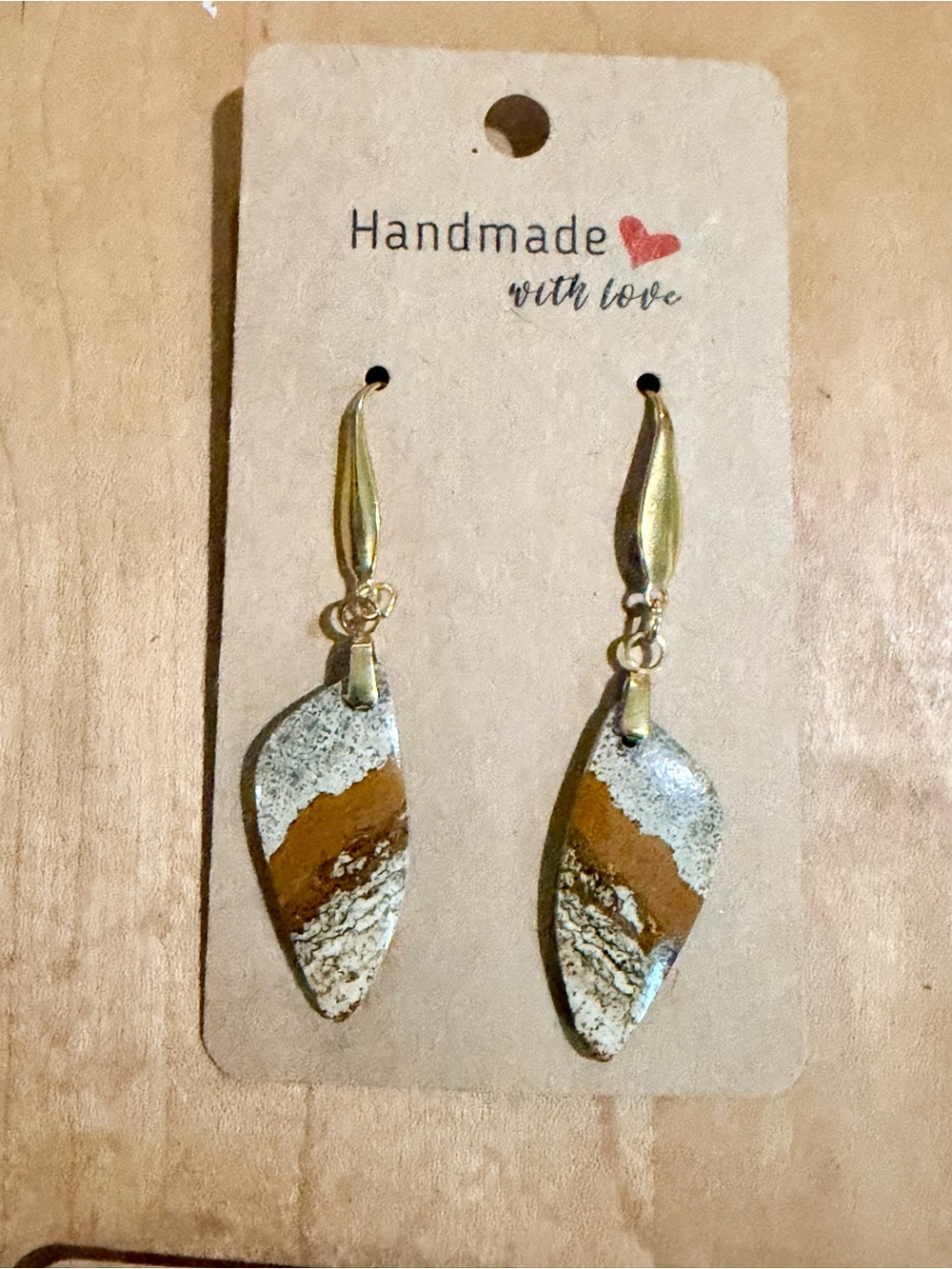 Handmade Picture Jasper Dangle Earrings - 14K Gold Plated